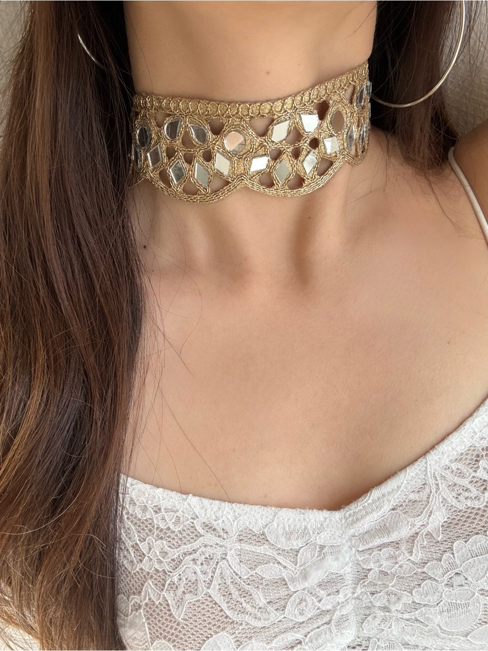 Gold Mirror Lace Choker Necklace - Women's Jewelry